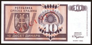 RSK, 10 dinara, 1992, SPECIMEN