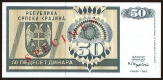 RSK, 50 dinara, 1992, SPECIMEN