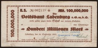 Ladenburg/ Dr. Ernst Schulze, Chemische Fabrik, 100.000.000 Mark, 1923