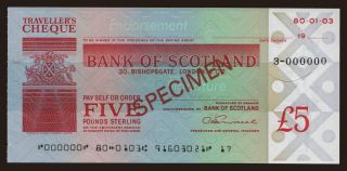 Travellers cheque, Bank of Scotland, 5 pounds, specimen