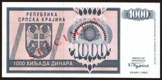 RSK, 1.000 dinara, 1992, SPECIMEN