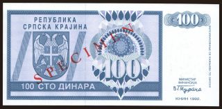 RSK, 100 dinara, 1992, SPECIMEN