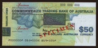 Travellers cheque, Commonwealth Trading Bank of Australia, 50 dollars, specimen