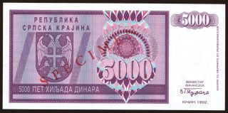 RSK, 5.000 dinara, 1992, SPECIMEN