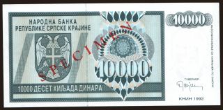 RSK, 10.000 dinara, 1992, SPECIMEN