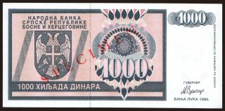 RSBH, 1000 dinara, 1992, SPECIMEN