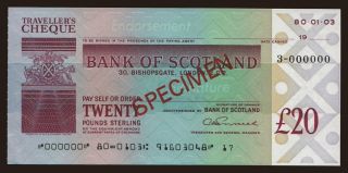 Travellers cheque, Bank of Scotland, 20 pounds, specimen