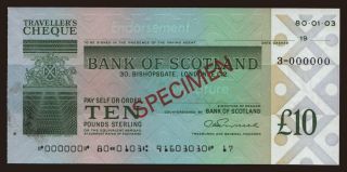 Travellers cheque, Bank of Scotland, 10 pounds, specimen