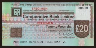 Travellers cheque, Co-operative Bank Limited, 20 pounds, specimen