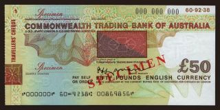 Travellers cheque, Commonwealth Trading Bank of Australia, 50 pounds, specimen