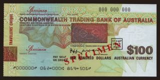 Travellers cheque, Commonwealth Trading Bank of Australia, 100 dollars, specimen