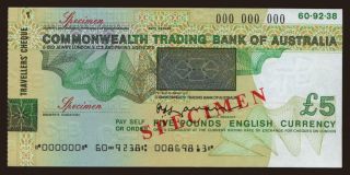 Travellers cheque, Commonwealth Trading Bank of Australia, 5 pounds, specimen