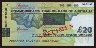 Travellers cheque, Commonwealth Trading Bank of Australia, 20 pounds, specimen