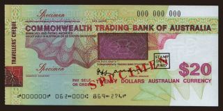 Travellers cheque, Commonwealth Trading Bank of Australia, 20 dollars, specimen