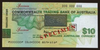 Travellers cheque, Commonwealth Trading Bank of Australia, 10 dollars, specimen