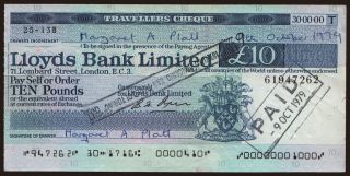 Travellers cheque, Lloyds Bank Limited, 10 pounds, 1979