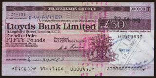 Travellers cheque, Lloyds Bank Limited, 50 pounds, 1979