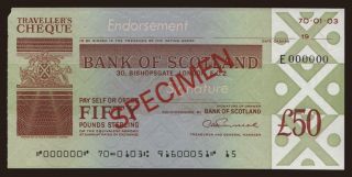 Travellers cheque, Bank of Scotland, 50 pounds, specimen