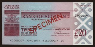 Travellers cheque, Bank of Scotland, 20 pounds, specimen