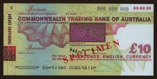 Travellers cheque, Commonwealth Trading Bank of Australia, 10 pounds, specimen