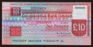 Travellers cheque, Co-operative Bank Limited, 10 pounds, specimen