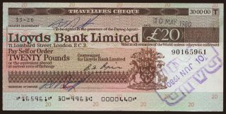 Travellers cheque, Lloyds Bank Limited, 20 pounds, 1979