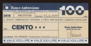 Banca Ambrosiano, 100 lire, 1977