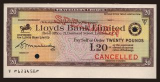 Travellers cheque, Lloyds Bank Limited, 20 pounds, specimen
