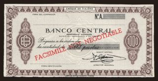 Travellers cheque, Banco Central, 1000 pesetas, specimen
