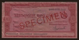 Travellers cheque, Westminster Bank Limited, 20 pounds, specimen
