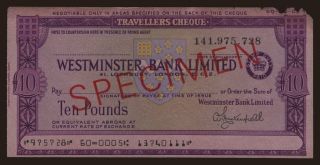 Travellers cheque, Westminster Bank Limited, 10 pounds, specimen