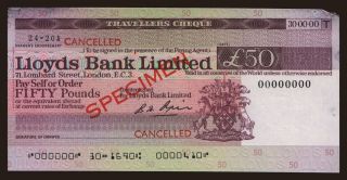 Travellers cheque, Lloyds Ban Limited, 50 pounds, specimen