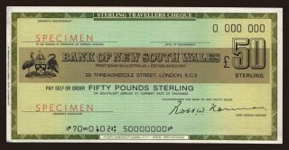 Travellers cheque, Bank of South Wales, 50 pounds, specimen