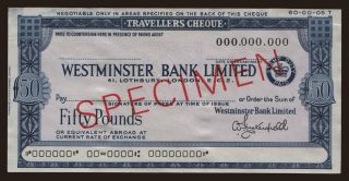Travellers cheque, Westminster Bank Limited, 50 pounds, specimen