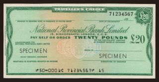 Travellers cheque, National Provincial Bank Limited, 20 pounds, specimen