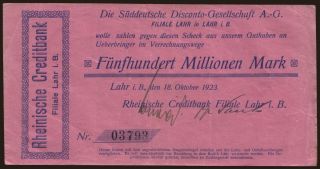 Lahr/ Rheinische Creditbank Filiale Lahr, 500.000 Mark, 1923