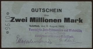 Schiffbek/ Vereinigte Jute-Spinnereien und Webereien, 2.000.000 Mark, 1923