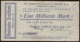 Lahr/ Rheinische Creditbank Filiale Lahr, 1.000.000 Mark, 1923