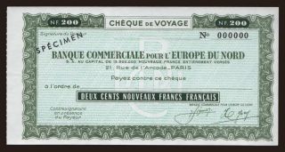 Travellers cheque, Banque Commerciale Europe Du Nord, 200 francs, specimen