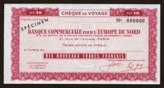 Travellers cheque, Banque Commerciale Europe Du Nord, 10 francs, specimen
