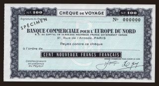 Travellers cheque, Banque Commerciale Europe Du Nord, 100 francs, specimen