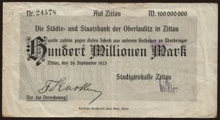 Zittau/ Städte- und Staatsbank der Oberlausitz, 100.000.000 Mark, 1923