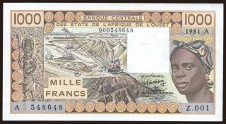 Ivory Coast, 1000 francs, 1981