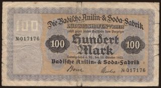 Ludwigshafen/ Badische Anilin- & Soda-Fabrik, 100 Mark, 1922