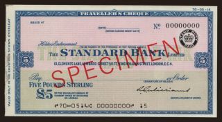 Travellers cheque, Standard Bank, 5 pounds, specimen