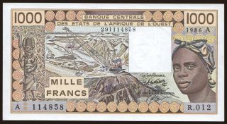 Ivory Coast, 1000 francs, 1986