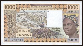Ivory Coast, 1000 francs, 1986