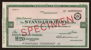 Travellers cheque, Standard Bank, 20 pounds, specimen