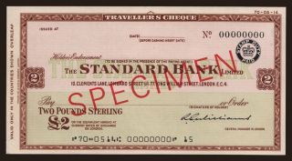 Travellers cheque, Standard Bank, 2 pounds, specimen