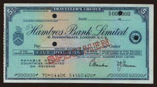 Travellers cheque, Hambros Bank Limited, 5 pounds, specimen